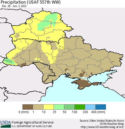 Ukraine, Moldova and Belarus Precipitation (USAF 557th WW) Thematic Map For 12/28/2020 - 1/3/2021