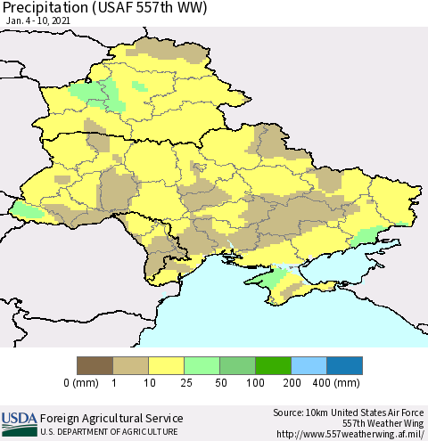 Ukraine, Moldova and Belarus Precipitation (USAF 557th WW) Thematic Map For 1/4/2021 - 1/10/2021