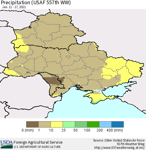 Ukraine, Moldova and Belarus Precipitation (USAF 557th WW) Thematic Map For 1/11/2021 - 1/17/2021