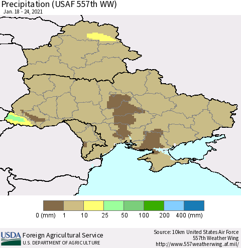 Ukraine, Moldova and Belarus Precipitation (USAF 557th WW) Thematic Map For 1/18/2021 - 1/24/2021