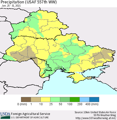 Ukraine, Moldova and Belarus Precipitation (USAF 557th WW) Thematic Map For 1/25/2021 - 1/31/2021