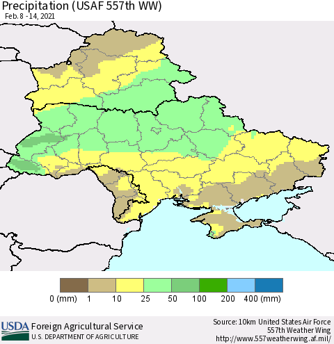 Ukraine, Moldova and Belarus Precipitation (USAF 557th WW) Thematic Map For 2/8/2021 - 2/14/2021
