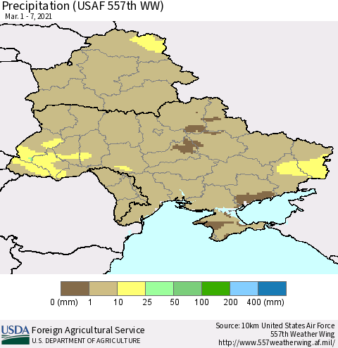 Ukraine, Moldova and Belarus Precipitation (USAF 557th WW) Thematic Map For 3/1/2021 - 3/7/2021