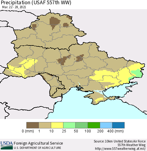 Ukraine, Moldova and Belarus Precipitation (USAF 557th WW) Thematic Map For 3/22/2021 - 3/28/2021