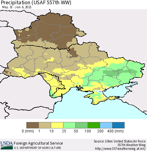Ukraine, Moldova and Belarus Precipitation (USAF 557th WW) Thematic Map For 5/31/2021 - 6/6/2021