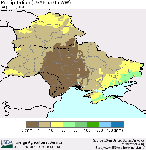 Ukraine, Moldova and Belarus Precipitation (USAF 557th WW) Thematic Map For 8/9/2021 - 8/15/2021