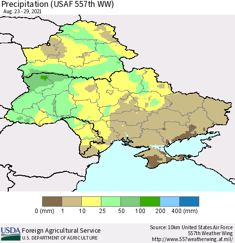 Ukraine, Moldova and Belarus Precipitation (USAF 557th WW) Thematic Map For 8/23/2021 - 8/29/2021
