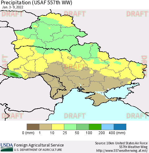 Ukraine, Moldova and Belarus Precipitation (USAF 557th WW) Thematic Map For 1/3/2022 - 1/9/2022