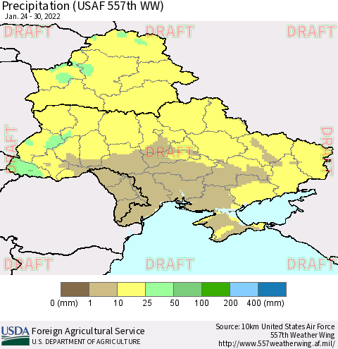 Ukraine, Moldova and Belarus Precipitation (USAF 557th WW) Thematic Map For 1/24/2022 - 1/30/2022