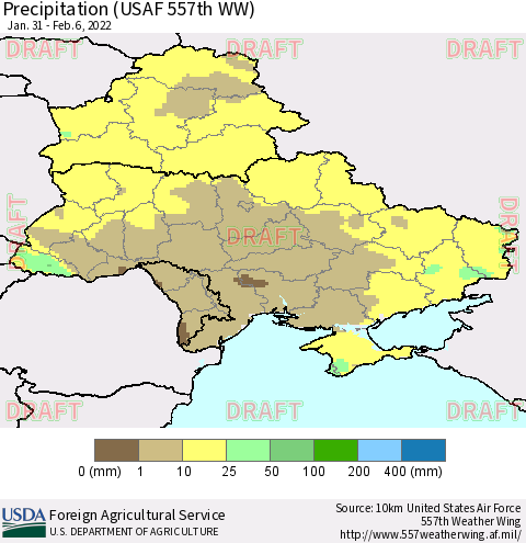 Ukraine, Moldova and Belarus Precipitation (USAF 557th WW) Thematic Map For 1/31/2022 - 2/6/2022