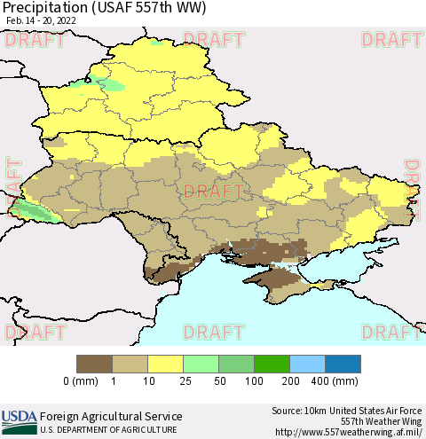 Ukraine, Moldova and Belarus Precipitation (USAF 557th WW) Thematic Map For 2/14/2022 - 2/20/2022