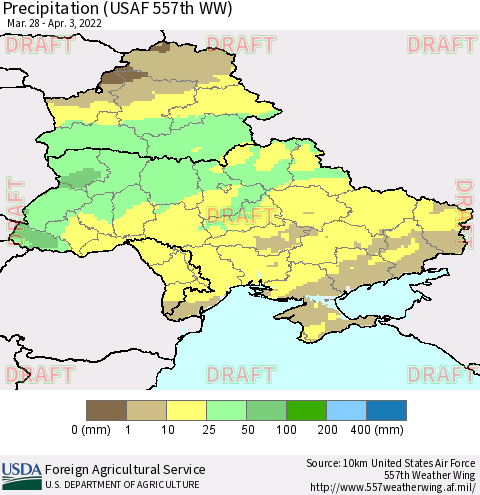 Ukraine, Moldova and Belarus Precipitation (USAF 557th WW) Thematic Map For 3/28/2022 - 4/3/2022