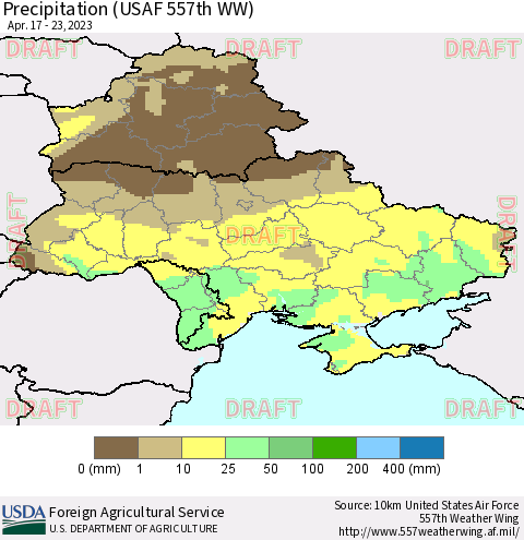 Ukraine, Moldova and Belarus Precipitation (USAF 557th WW) Thematic Map For 4/17/2023 - 4/23/2023