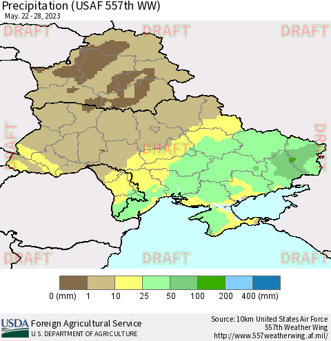 Ukraine, Moldova and Belarus Precipitation (USAF 557th WW) Thematic Map For 5/22/2023 - 5/28/2023