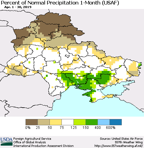 Ukraine, Moldova and Belarus Percent of Normal Precipitation 1-Month (USAF) Thematic Map For 4/1/2019 - 4/30/2019