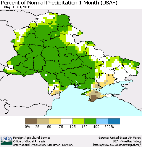 Ukraine, Moldova and Belarus Percent of Normal Precipitation 1-Month (USAF) Thematic Map For 5/1/2019 - 5/31/2019
