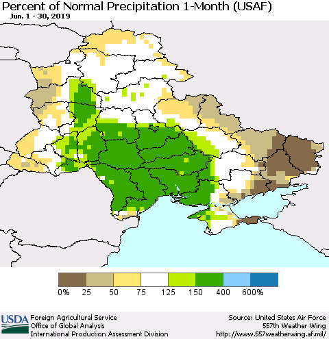 Ukraine, Moldova and Belarus Percent of Normal Precipitation 1-Month (USAF) Thematic Map For 6/1/2019 - 6/30/2019