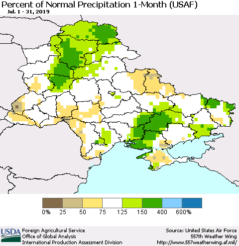 Ukraine, Moldova and Belarus Percent of Normal Precipitation 1-Month (USAF) Thematic Map For 7/1/2019 - 7/31/2019