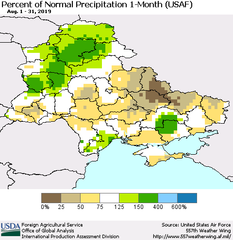 Ukraine, Moldova and Belarus Percent of Normal Precipitation 1-Month (USAF) Thematic Map For 8/1/2019 - 8/31/2019