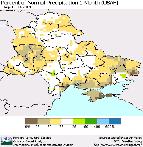 Ukraine, Moldova and Belarus Percent of Normal Precipitation 1-Month (USAF) Thematic Map For 9/1/2019 - 9/30/2019