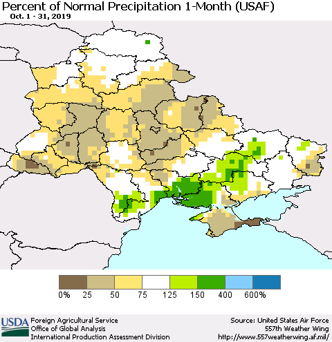 Ukraine, Moldova and Belarus Percent of Normal Precipitation 1-Month (USAF) Thematic Map For 10/1/2019 - 10/31/2019
