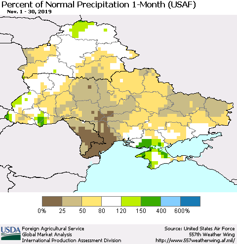 Ukraine, Moldova and Belarus Percent of Normal Precipitation 1-Month (USAF) Thematic Map For 11/1/2019 - 11/30/2019