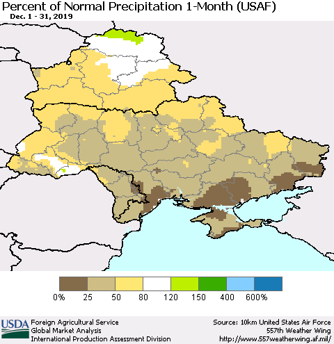 Ukraine, Moldova and Belarus Percent of Normal Precipitation 1-Month (USAF) Thematic Map For 12/1/2019 - 12/31/2019