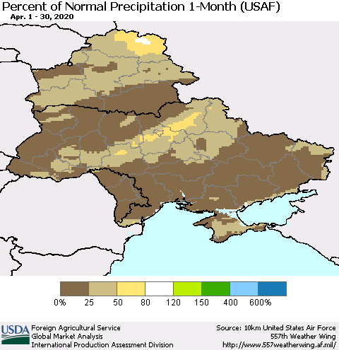 Ukraine, Moldova and Belarus Percent of Normal Precipitation 1-Month (USAF) Thematic Map For 4/1/2020 - 4/30/2020