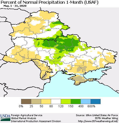 Ukraine, Moldova and Belarus Percent of Normal Precipitation 1-Month (USAF) Thematic Map For 5/1/2020 - 5/31/2020