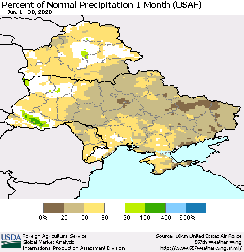 Ukraine, Moldova and Belarus Percent of Normal Precipitation 1-Month (USAF) Thematic Map For 6/1/2020 - 6/30/2020