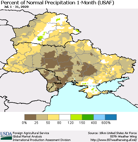 Ukraine, Moldova and Belarus Percent of Normal Precipitation 1-Month (USAF) Thematic Map For 7/1/2020 - 7/31/2020