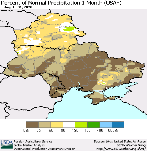 Ukraine, Moldova and Belarus Percent of Normal Precipitation 1-Month (USAF) Thematic Map For 8/1/2020 - 8/31/2020