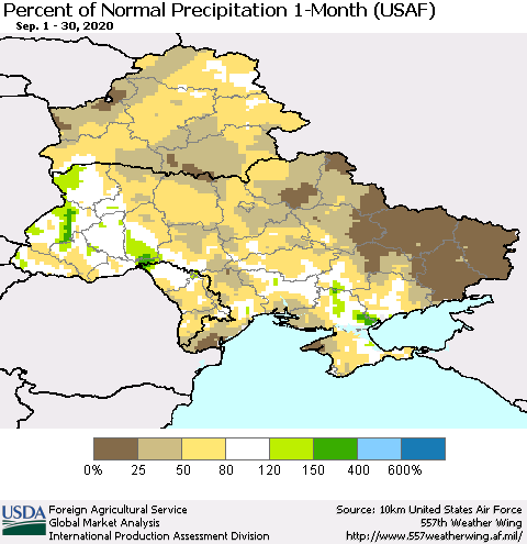 Ukraine, Moldova and Belarus Percent of Normal Precipitation 1-Month (USAF) Thematic Map For 9/1/2020 - 9/30/2020