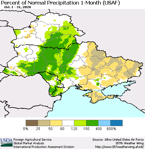 Ukraine, Moldova and Belarus Percent of Normal Precipitation 1-Month (USAF) Thematic Map For 10/1/2020 - 10/31/2020