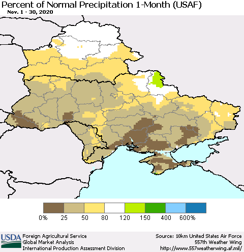 Ukraine, Moldova and Belarus Percent of Normal Precipitation 1-Month (USAF) Thematic Map For 11/1/2020 - 11/30/2020