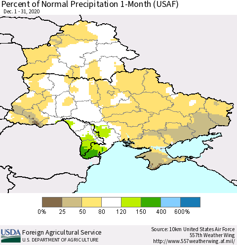 Ukraine, Moldova and Belarus Percent of Normal Precipitation 1-Month (USAF) Thematic Map For 12/1/2020 - 12/31/2020