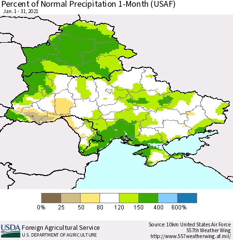 Ukraine, Moldova and Belarus Percent of Normal Precipitation 1-Month (USAF) Thematic Map For 1/1/2021 - 1/31/2021