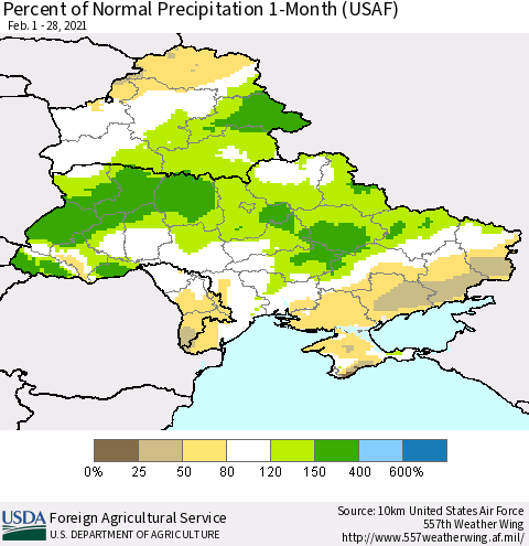 Ukraine, Moldova and Belarus Percent of Normal Precipitation 1-Month (USAF) Thematic Map For 2/1/2021 - 2/28/2021