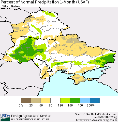 Ukraine, Moldova and Belarus Percent of Normal Precipitation 1-Month (USAF) Thematic Map For 3/1/2021 - 3/31/2021