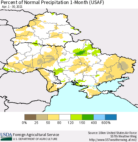 Ukraine, Moldova and Belarus Percent of Normal Precipitation 1-Month (USAF) Thematic Map For 4/1/2021 - 4/30/2021