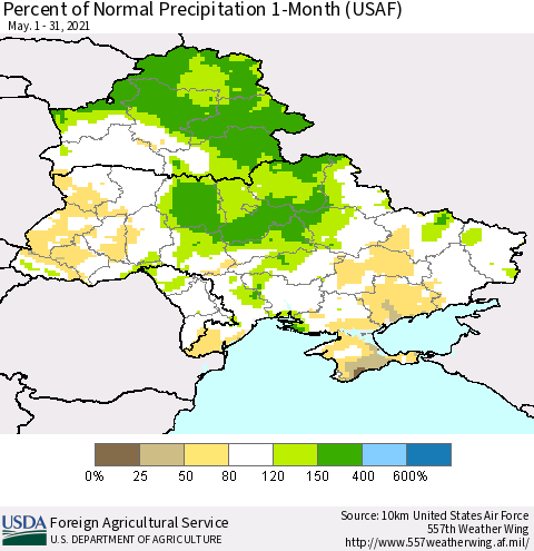 Ukraine, Moldova and Belarus Percent of Normal Precipitation 1-Month (USAF) Thematic Map For 5/1/2021 - 5/31/2021