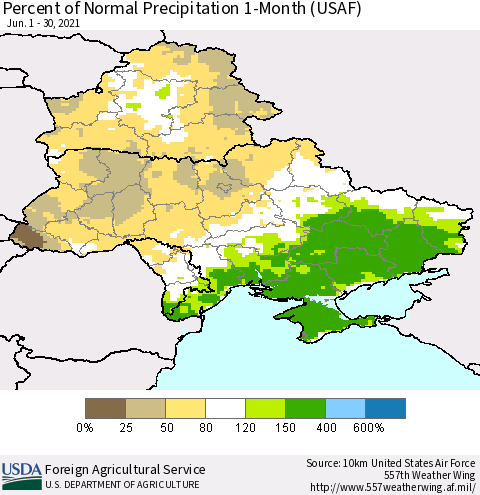 Ukraine, Moldova and Belarus Percent of Normal Precipitation 1-Month (USAF) Thematic Map For 6/1/2021 - 6/30/2021