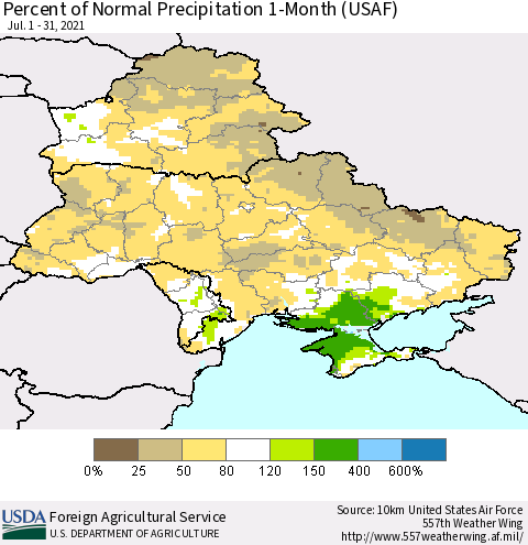 Ukraine, Moldova and Belarus Percent of Normal Precipitation 1-Month (USAF) Thematic Map For 7/1/2021 - 7/31/2021