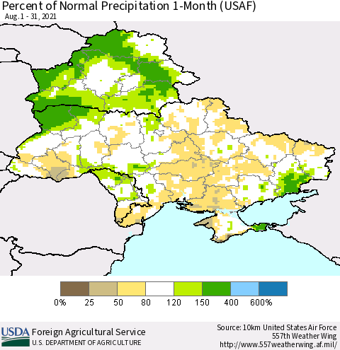 Ukraine, Moldova and Belarus Percent of Normal Precipitation 1-Month (USAF) Thematic Map For 8/1/2021 - 8/31/2021