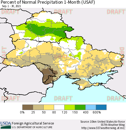 Ukraine, Moldova and Belarus Percent of Normal Precipitation 1-Month (USAF) Thematic Map For 9/1/2021 - 9/30/2021