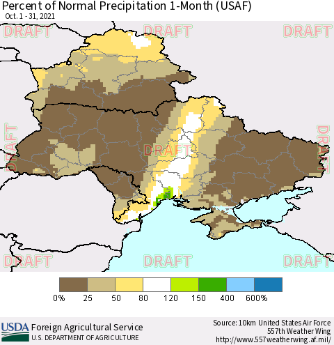 Ukraine, Moldova and Belarus Percent of Normal Precipitation 1-Month (USAF) Thematic Map For 10/1/2021 - 10/31/2021