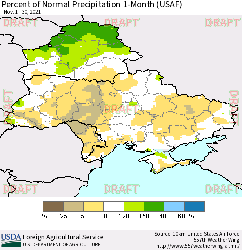 Ukraine, Moldova and Belarus Percent of Normal Precipitation 1-Month (USAF) Thematic Map For 11/1/2021 - 11/30/2021