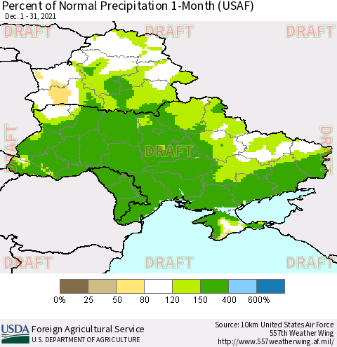 Ukraine, Moldova and Belarus Percent of Normal Precipitation 1-Month (USAF) Thematic Map For 12/1/2021 - 12/31/2021