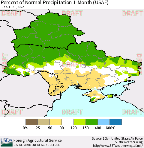 Ukraine, Moldova and Belarus Percent of Normal Precipitation 1-Month (USAF) Thematic Map For 1/1/2022 - 1/31/2022