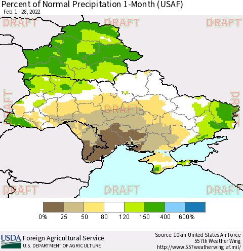 Ukraine, Moldova and Belarus Percent of Normal Precipitation 1-Month (USAF) Thematic Map For 2/1/2022 - 2/28/2022